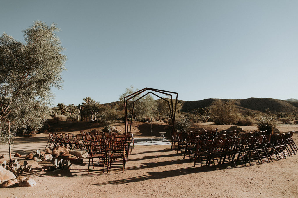 A Joshua Tree wedding at Tumbleweed Sanctuary, ceremony set up in the desert