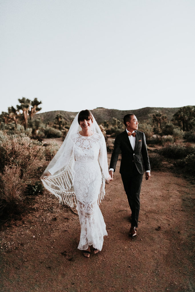 A Joshua Tree wedding at Tumbleweed Sanctuary, bride and groom sunset portrait shots in the desert