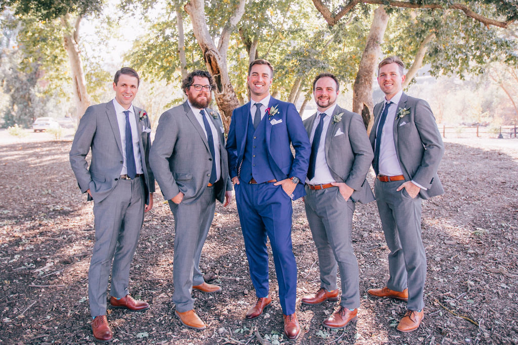 Fall Wedding at Triunfo Creek Vineyards, groom and groomsmen in blue and grey suits