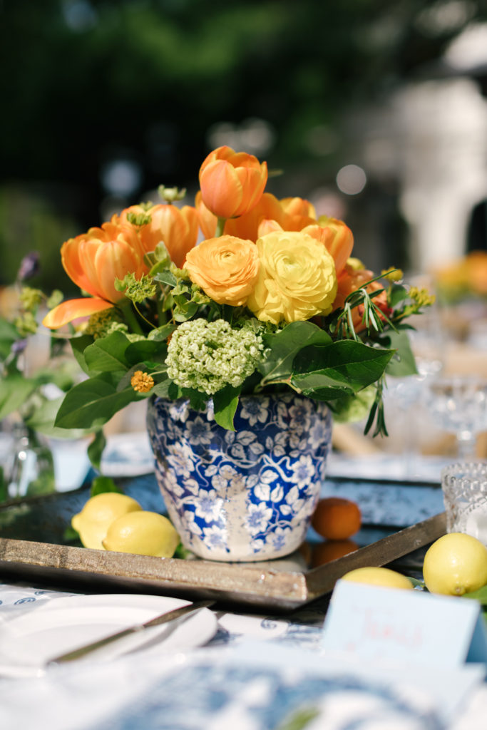 An Al Fresco Wedding reception at the Valley Hunt club, Italian inspired wedding reception, ginger jars with colorful blooms