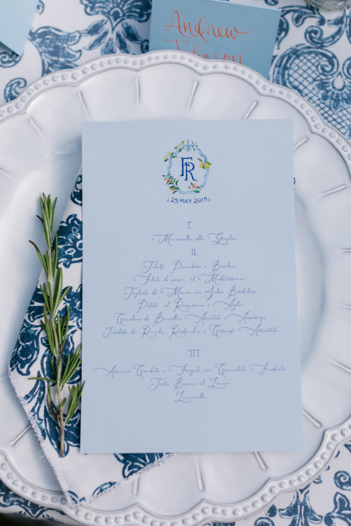 An Al Fresco Wedding reception at the Valley Hunt club, Italian inspired wedding reception, handwritten menu card