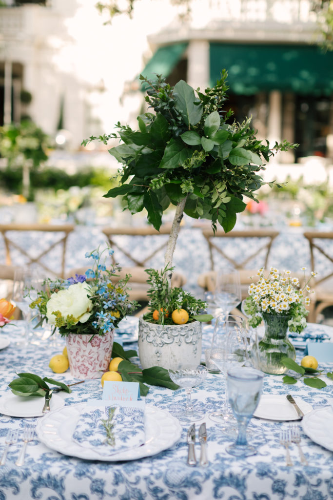 An Al Fresco Wedding reception at the Valley Hunt club, Italian inspired wedding reception with fresh citrus, blue patterned table cloth