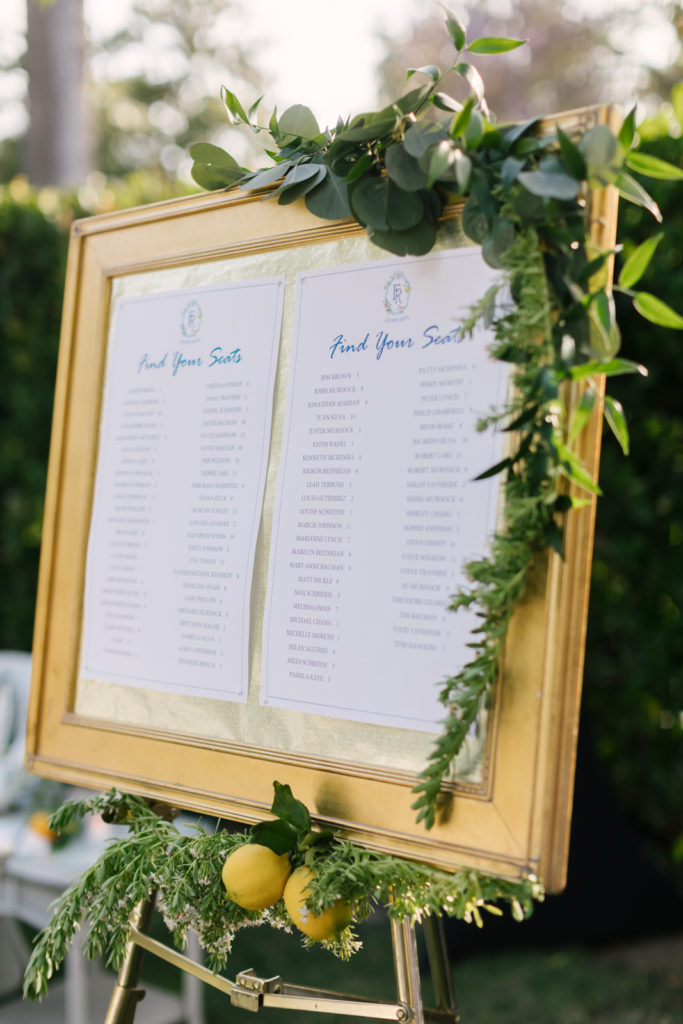 An Al Fresco Wedding reception at the Valley Hunt club, Italian inspired wedding reception, romantic mirror escort board