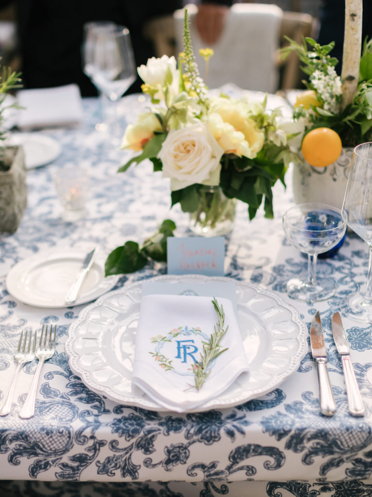 An Al Fresco Wedding reception at the Valley Hunt club, Italian inspired wedding reception, monogrammed napkins