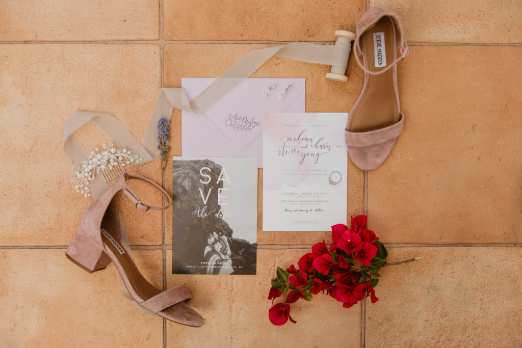 A music festival themed wedding at The Inn at Rancho Santa Fe, invitation suite with blush watercolor