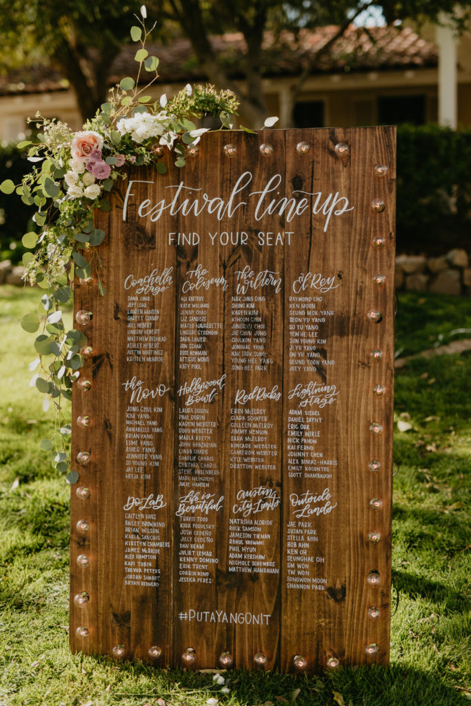 A music festival themed wedding at The Inn at Rancho Santa Fe, calligraphy music video seating chart