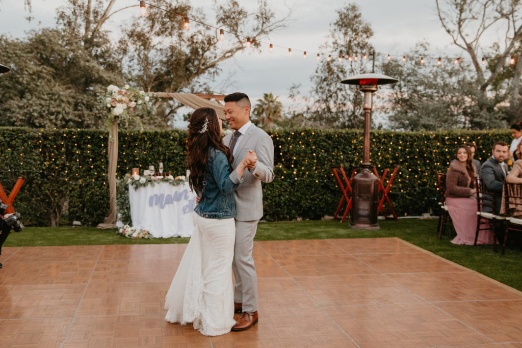 A music festival themed wedding reception at The Inn at Rancho Santa Fe, bride and groom first dance
