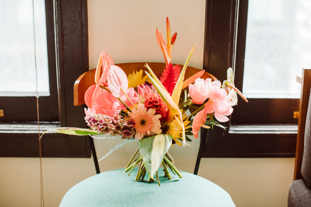 A unique and colorful wedding at the Grass Room in downtown Los Angeles, bright bridal bouquet