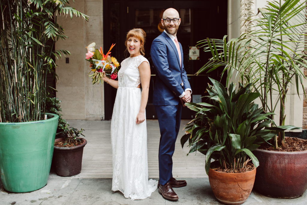 A unique and colorful wedding at the Grass Room in downtown Los Angeles, bride and groom first look