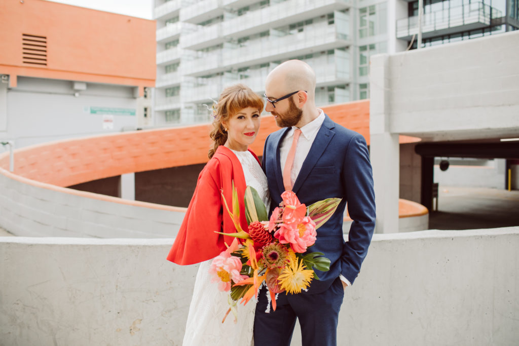 A unique and colorful wedding at the Grass Room in downtown Los Angeles, bride and groom portrait shot in downtown LA