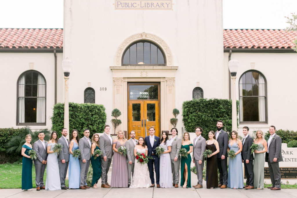 An ocean view wedding ceremony at The Redondo Beach Historic Library, wedding party portrait shot