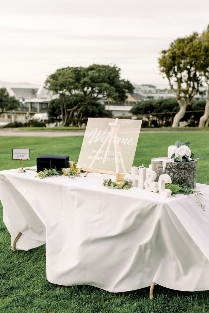 An ocean view wedding ceremony at The Redondo Beach Historic Library, welcome table