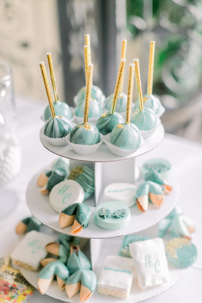 An ocean view wedding ceremony at The Redondo Beach Historic Library, dessert table with teal cake pops
