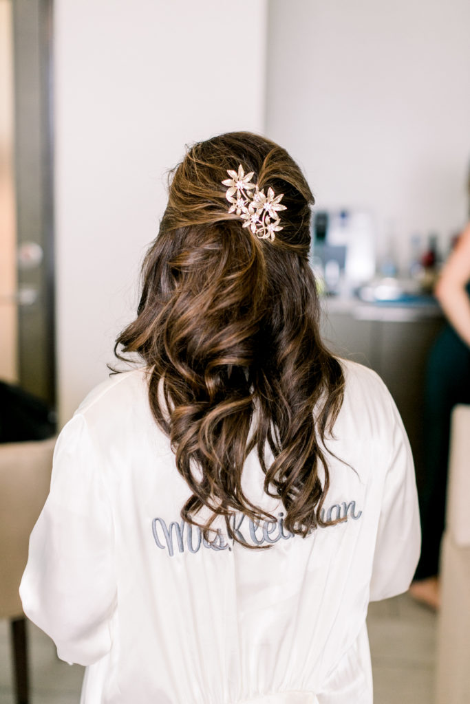 An ocean view wedding ceremony at The Redondo Beach Historic Library, crystal pin for bridal hair, customized bridal robe