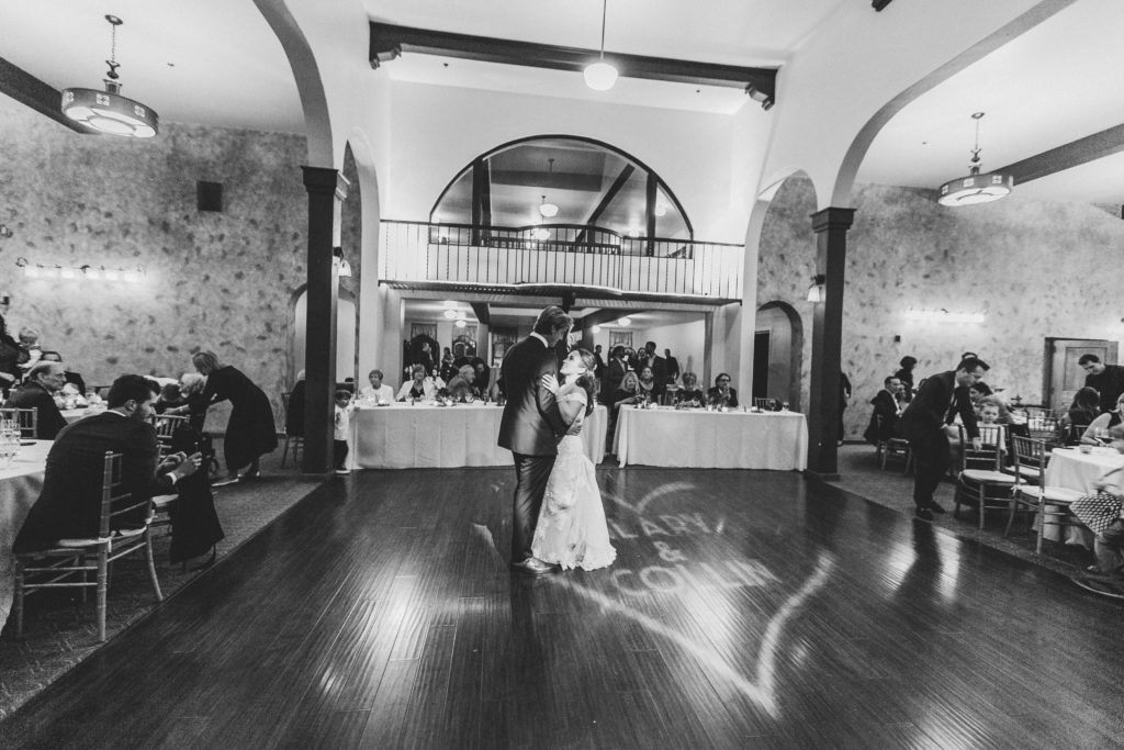 An ocean view wedding ceremony at The Redondo Beach Historic Library, customized dance floor lighting