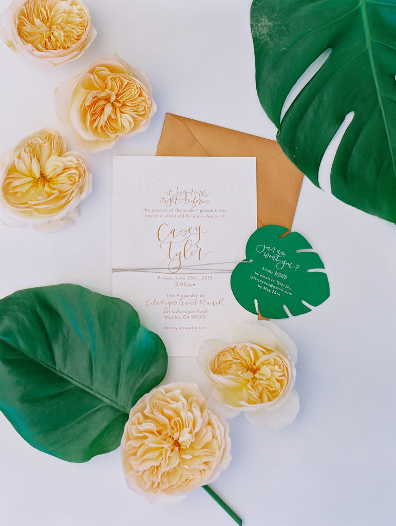 A California-cool rehearsal dinner at Calamigos Ranch, simple invitation suite