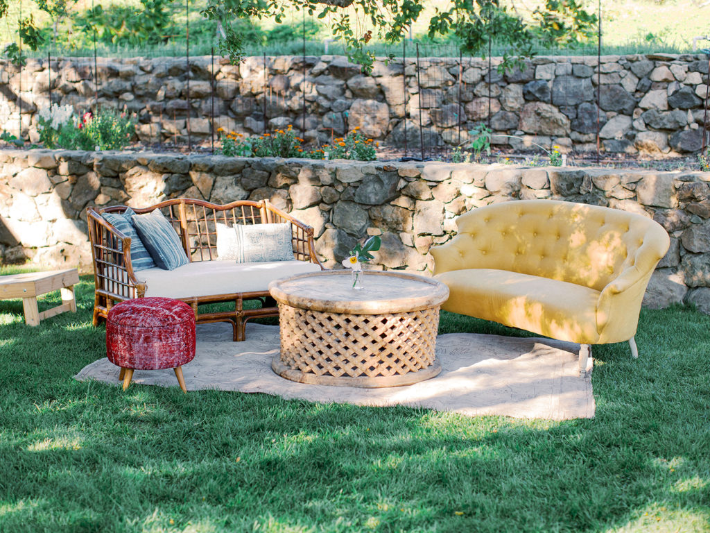 A California-cool rehearsal dinner at Calamigos Ranch, lounge with yellow couch