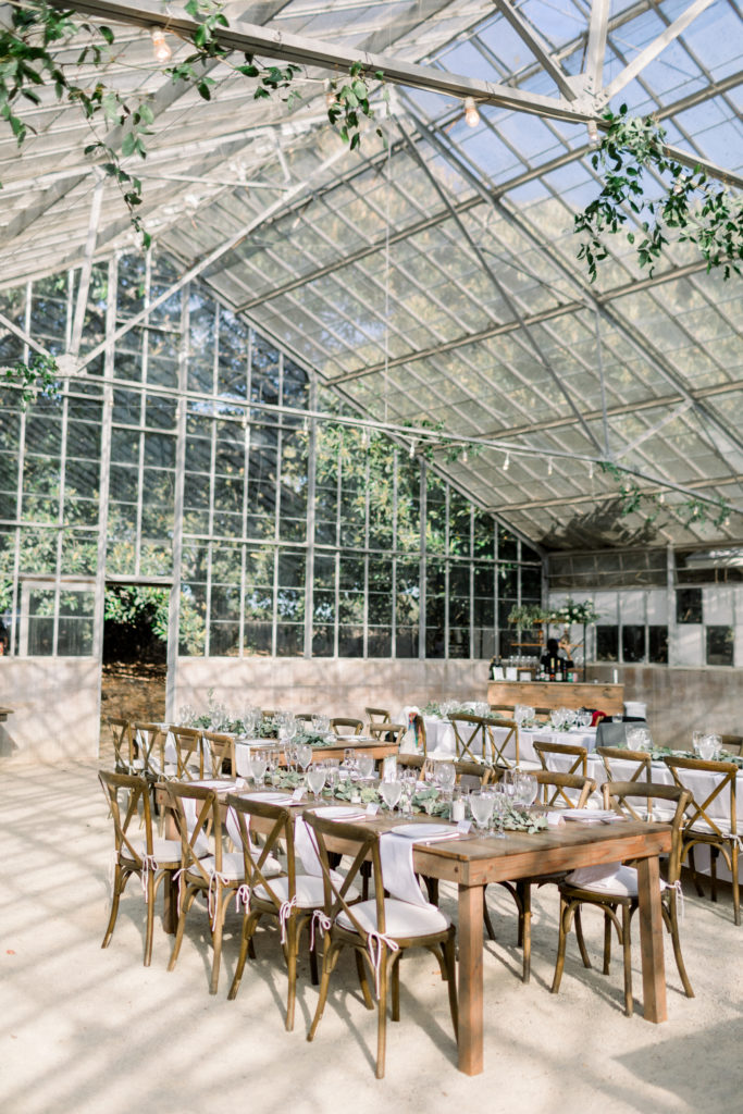 A classic greenhouse wedding reception at Dos Pueblos Orchid Farm, minimalist wedding reception
