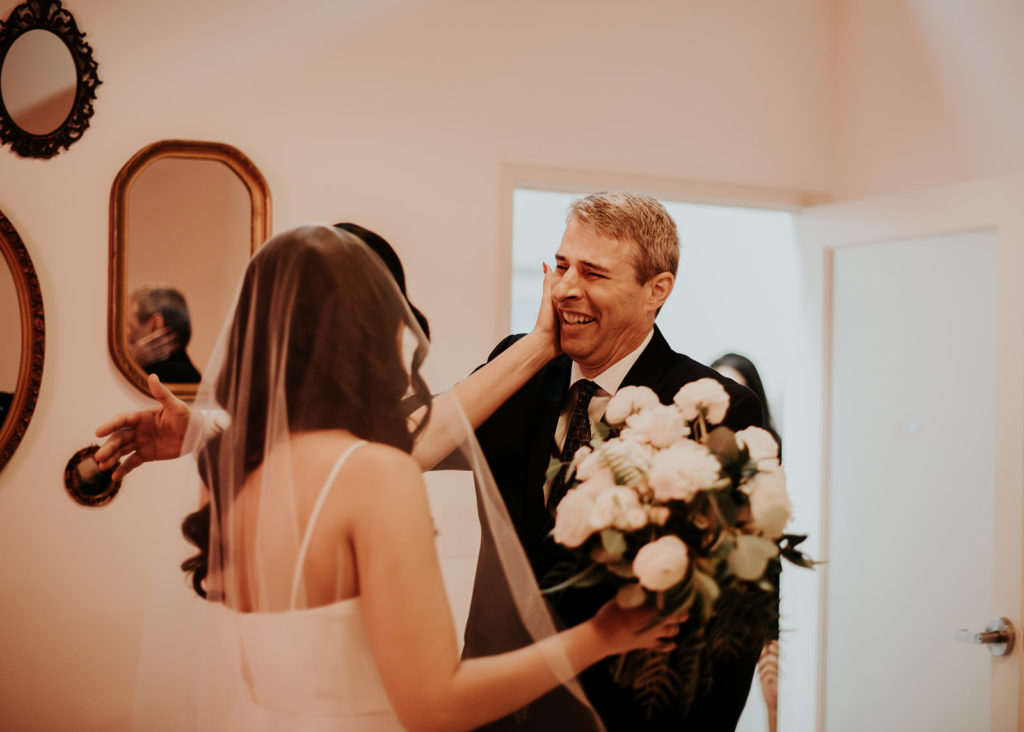 Beautiful wedding at The Unique Space in downtown LA, emotional first look with bride's father