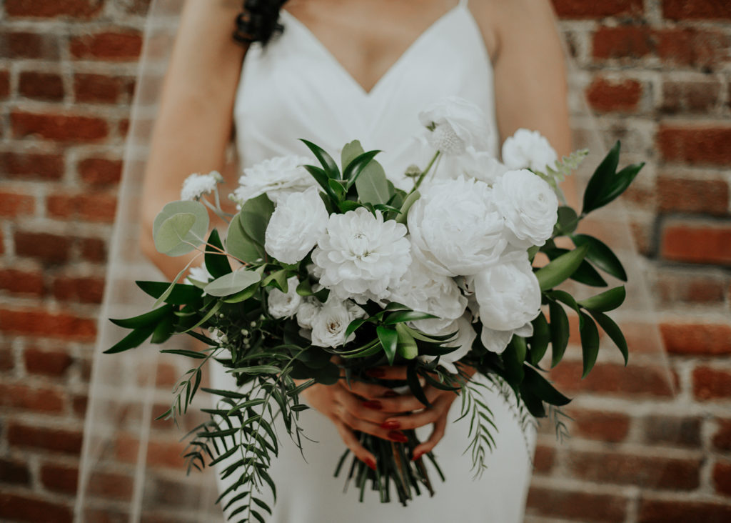 Beautiful wedding at The Unique Space in downtown LA, all white flower bridal bouquet