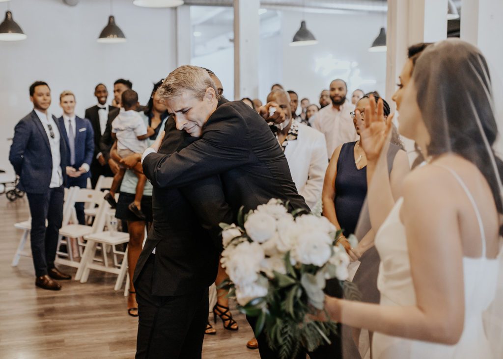 Beautiful wedding at The Unique Space in downtown LA, wedding ceremony, emotional dad 
