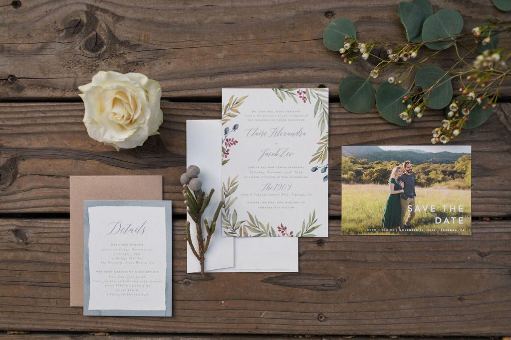A Romantic Forest Inspired Wedding at the 1909, botanical themed invitation suite