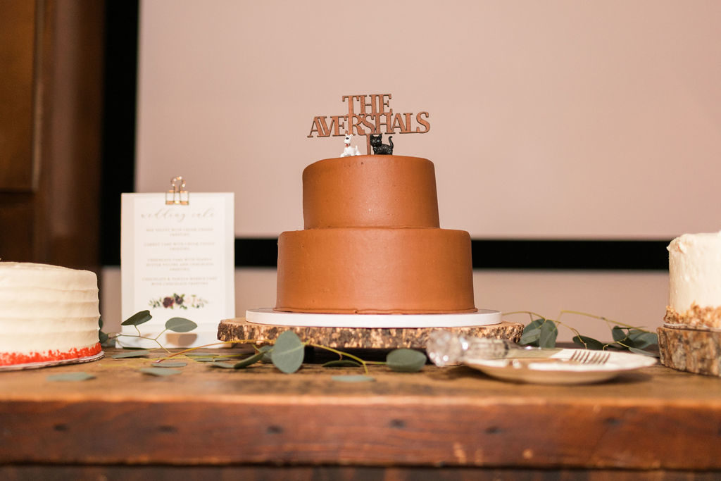 A Romantic Forest Inspired Wedding reception at the 1909, chocolate wedding cake