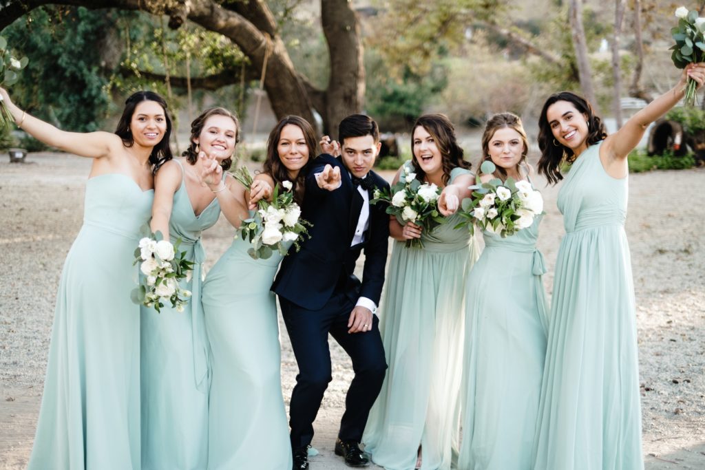 A Classic Vineyard Wedding at Triunfo Creek Vineyards, wedding party portraits, groom with bridesmaids in sage green dresses