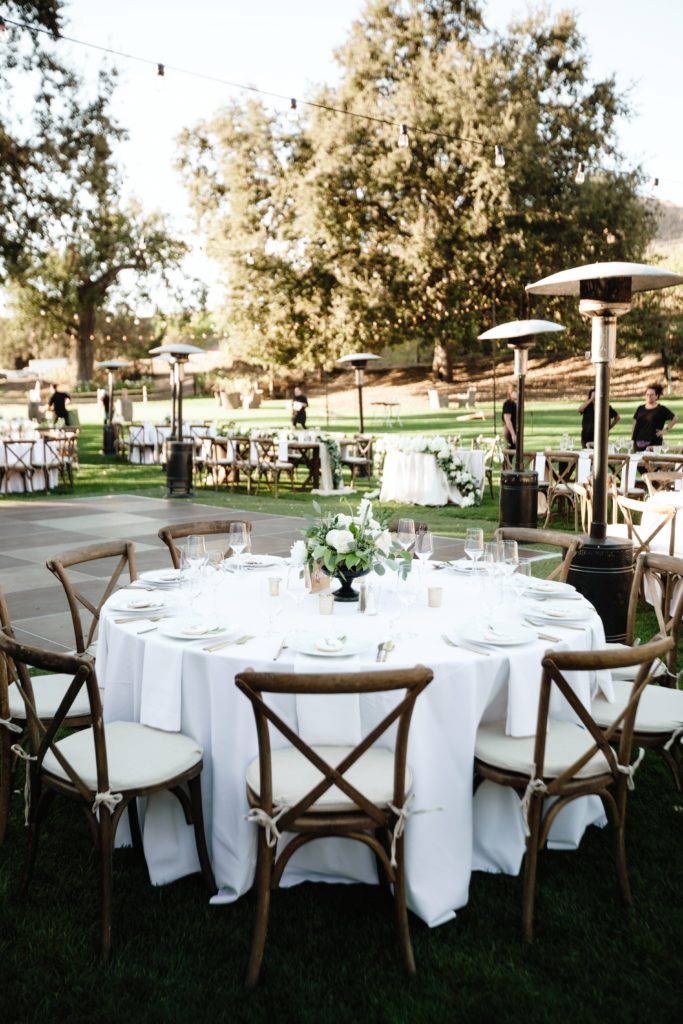 A Classic Vineyard Wedding reception at Triunfo Creek Vineyards, green and white centerpieces 