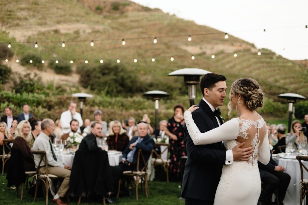 A Classic Vineyard Wedding reception at Triunfo Creek Vineyards, bride and groom first dance