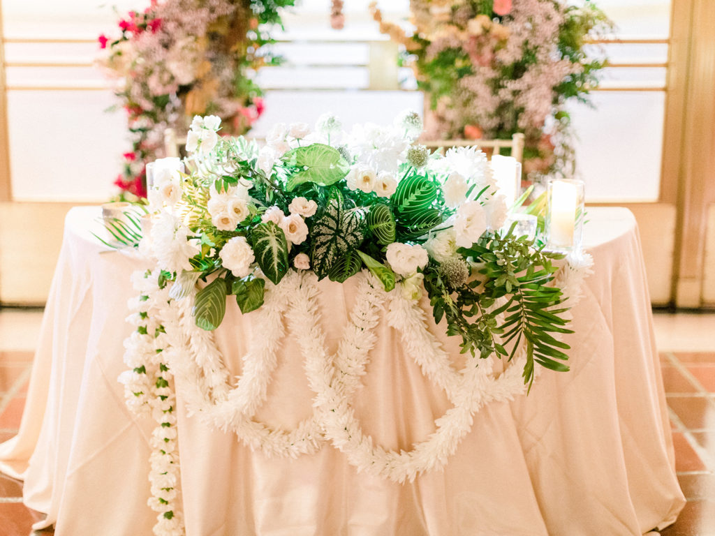Union Station Wedding reception, gold white and green table accents, sweetheart table