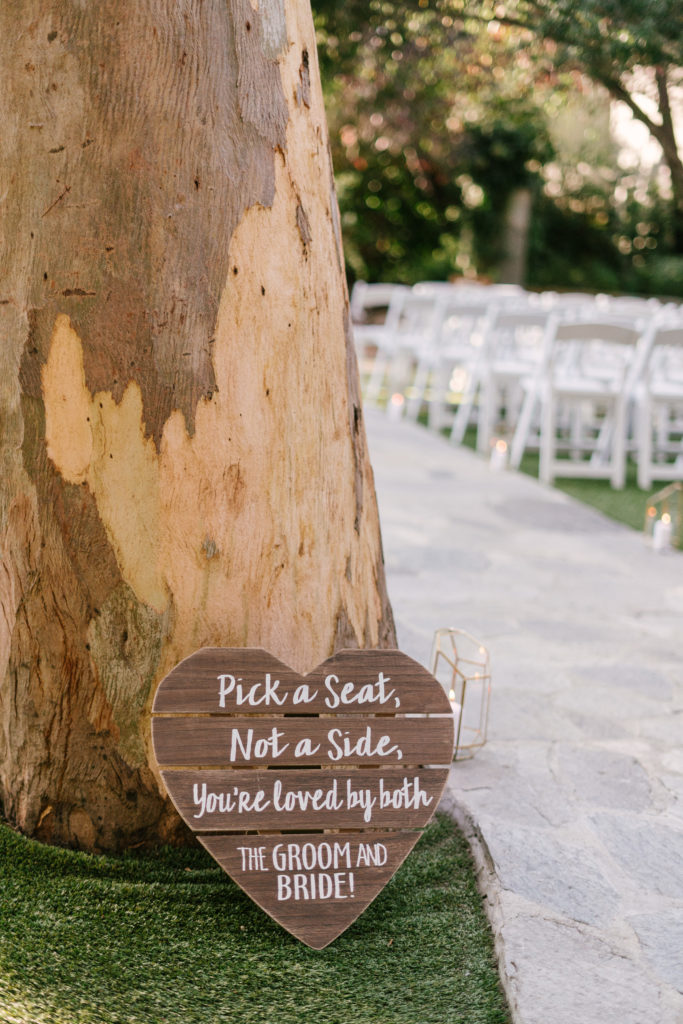 A Fall Wedding ceremony at Calamigos Ranch, pick a seat not a side sign