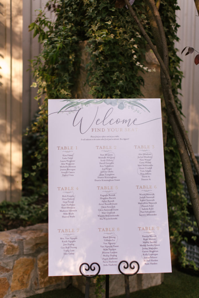 A Fall Wedding reception at Calamigos Ranch, minimalist seating chart