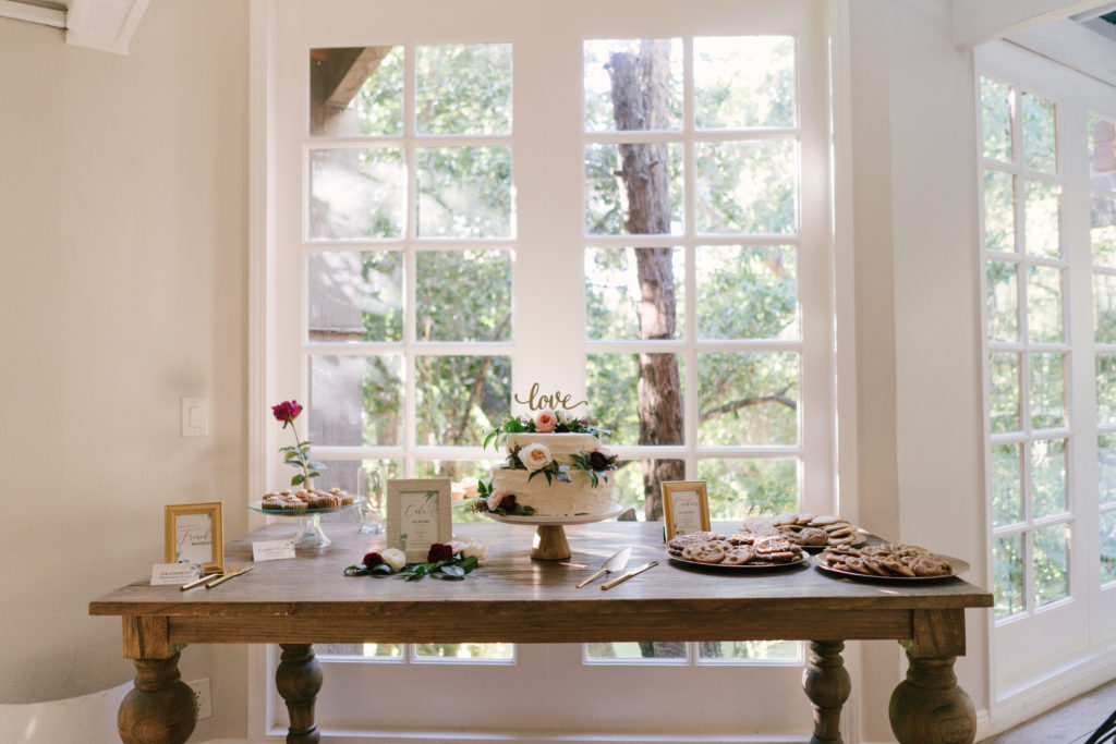 A Fall Wedding reception at Calamigos Ranch, cake table