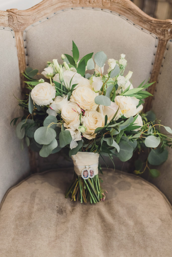 white rose and eucalyptus bridal bouquet