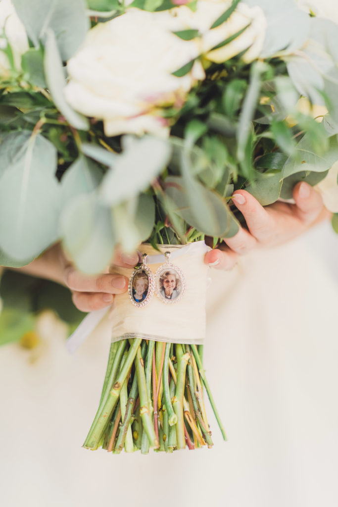 A Springtime Malibu Wedding at Calamigos Ranch, bridal bouquet with lockets