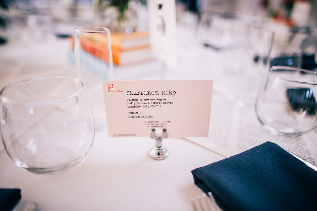 Storybook themed wedding reception at The York Manor with library card themed placecards