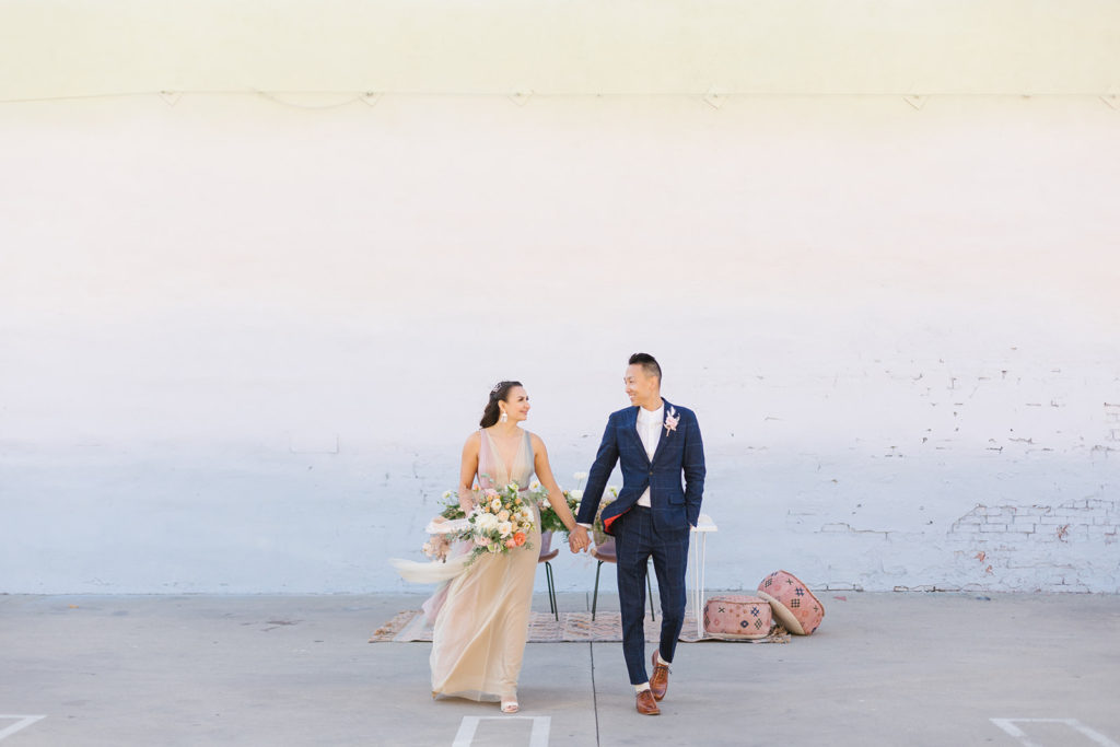 cotton candy inspired styled shoot with soft sunset earth tones, bride and groom portrait shot