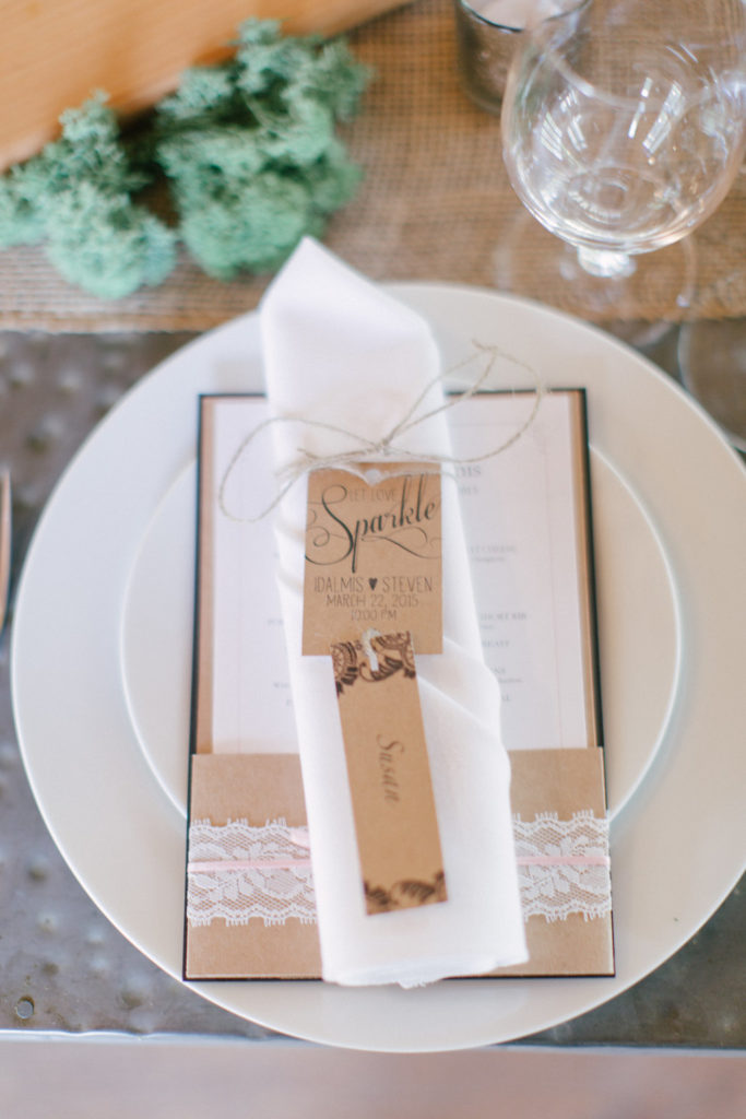 burlap and lace menu card for small wedding family style reception dinner