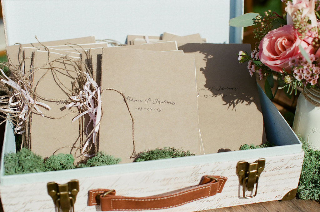 vintage suitcase with Kraft paper wedding programs