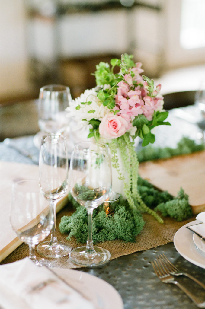 simple pink and green floral arrangement for wedding reception