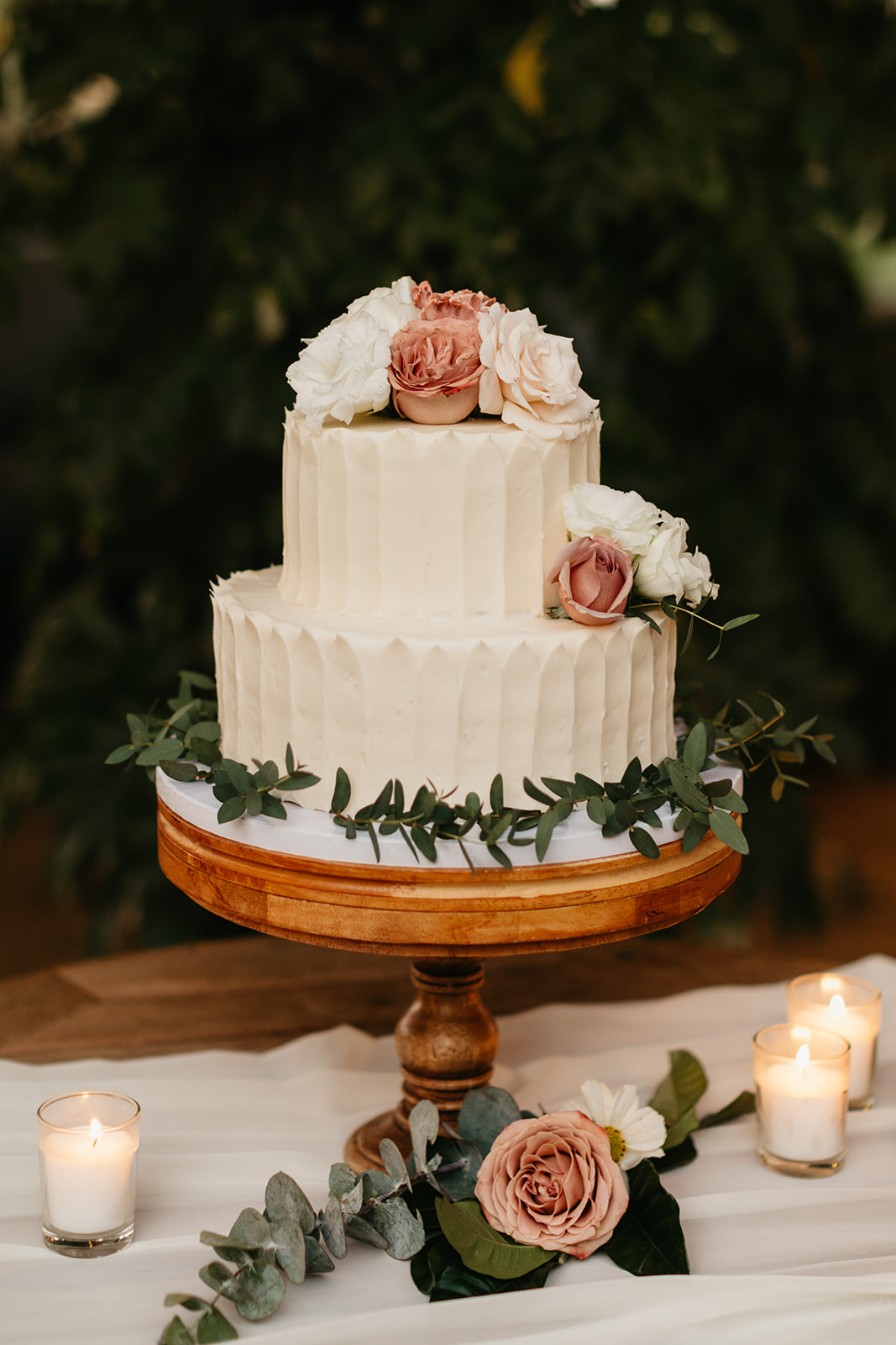 simple two tier wedding cake with florals