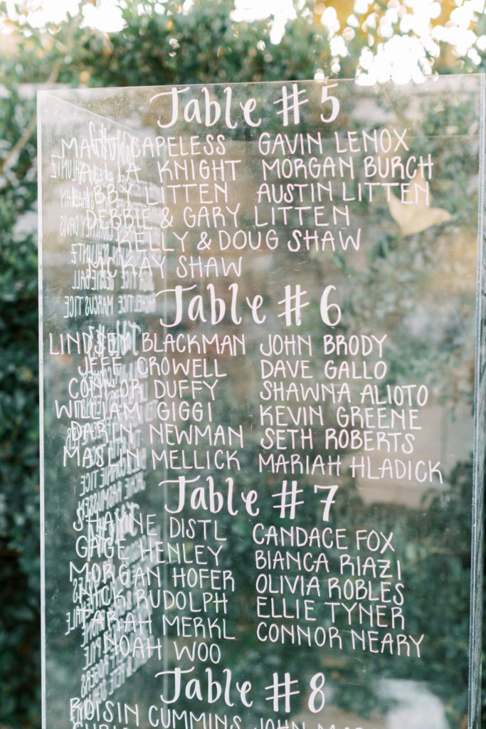 clear acrylic seating chart with white calligraphy