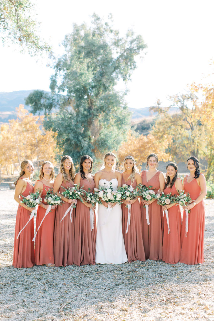 bride in lace wedding dress with bridesmaids in rust colored dresses portrait shot in vineyard