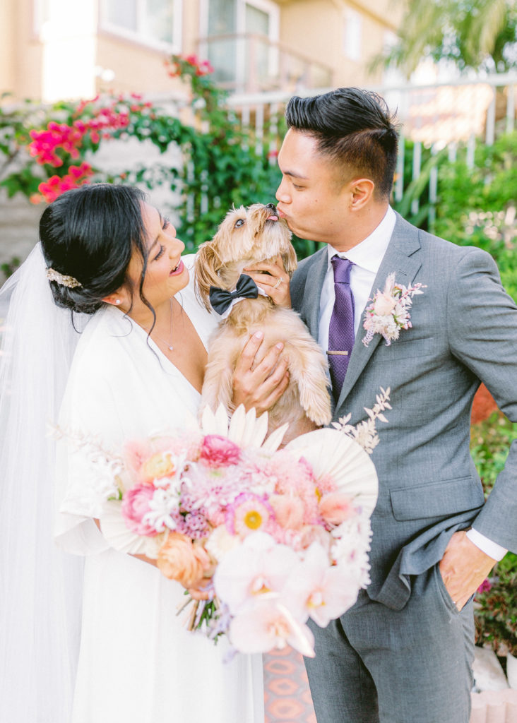 bride wearing Reformation wedding dress and groom with grey suit and purple tie portrait shot with family dog