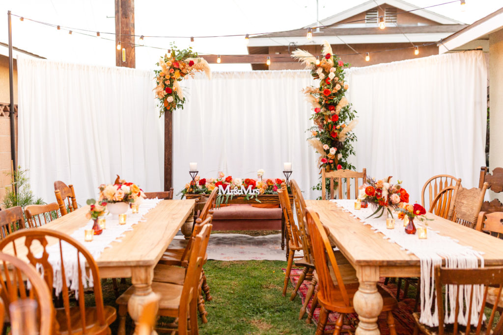 Bohemian style backyard wedding reception