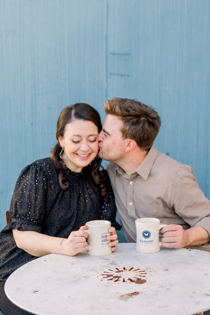 engagement photo session with couple getting coffee in Los Angeles