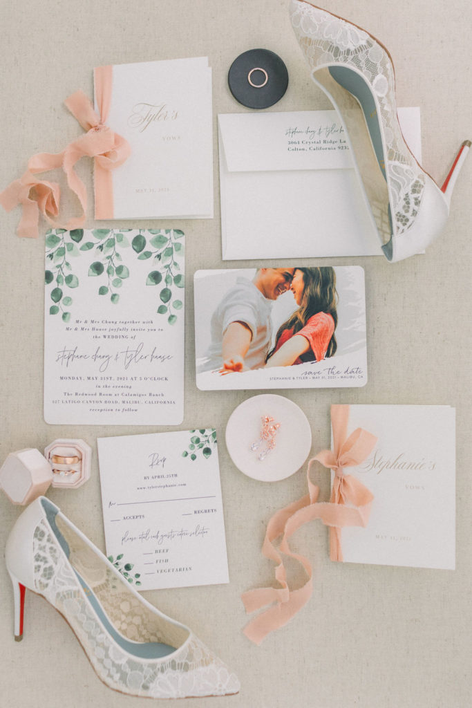 Minted wedding invitation suite with coral peach tones and greenery