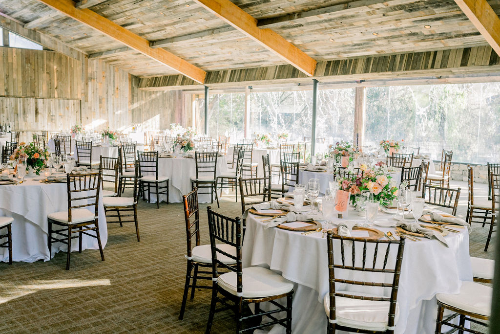 wedding reception tables at the Redwood Room at Calamigos Ranch