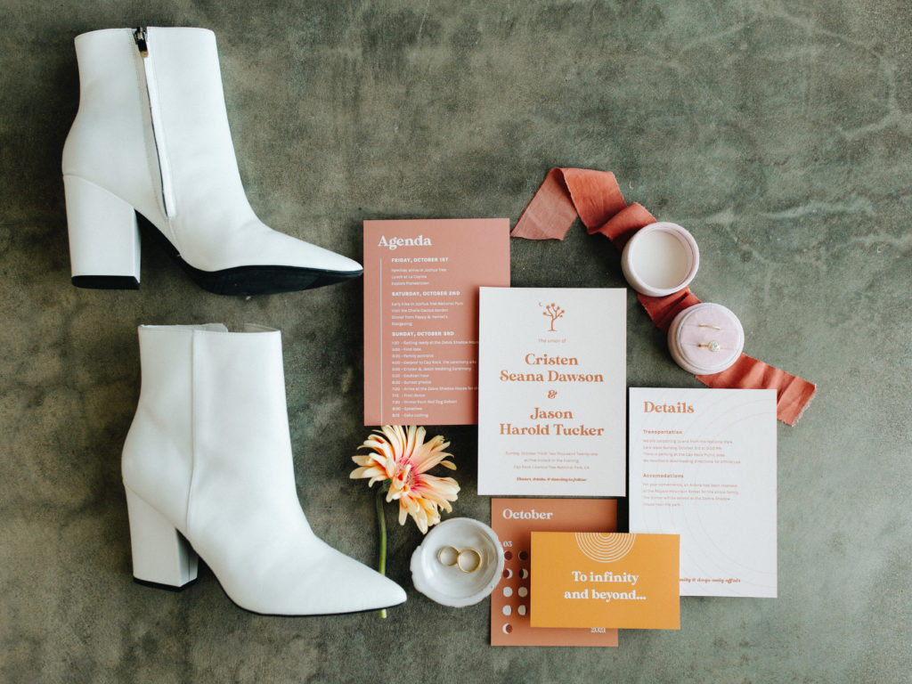 sunset colored invitation suite for a desert elopement in Joshua Tree